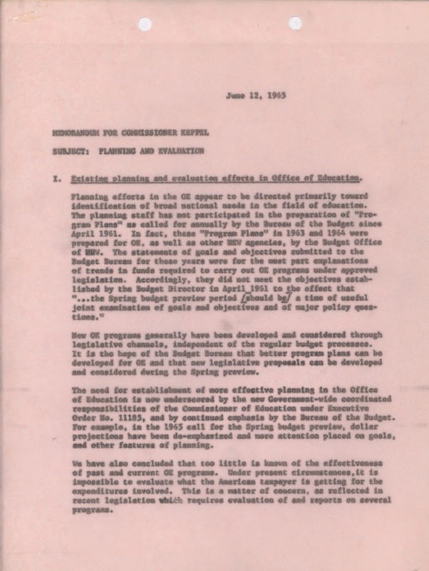 Dwight A. Ink memorandum to Commissioner Keppel regarding planning and evaluation, June 12, 1965