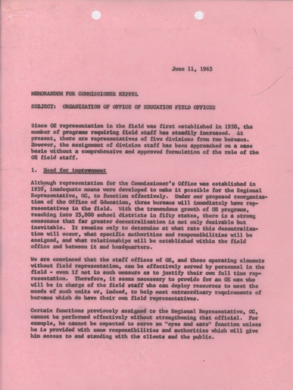 Dwight A. Ink memorandum to Commissioner Keppel, June 11, 1965