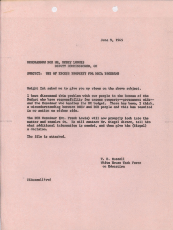 T. E. Russell memorandum to Henry Loomis, June 9, 1965