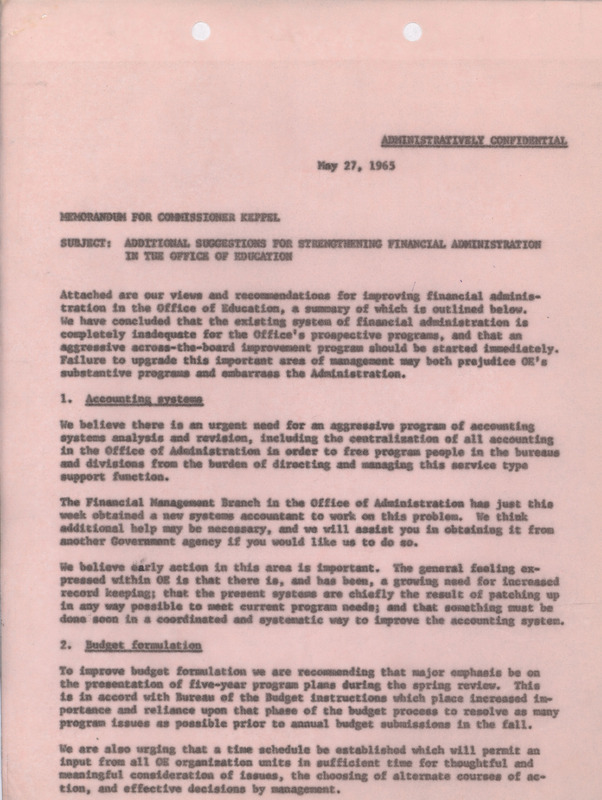 Dwight A. Ink memorandum to Commissioner Keppel, May 27, 1965