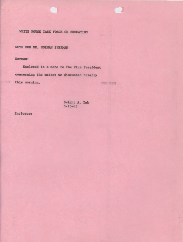 Dwight A. Ink note to Norman Sherman, May 25, 1965