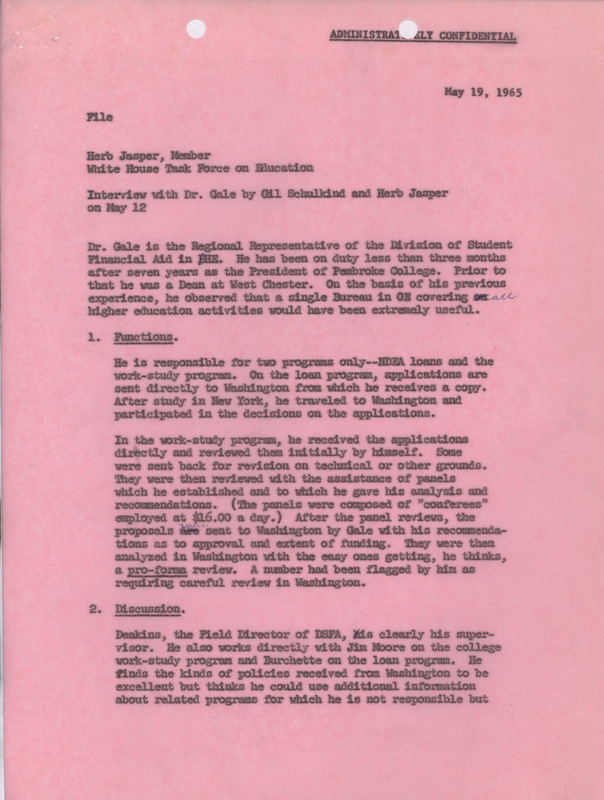 Herb Jasper and Gil Schulkind interview with Dr. Gale, May 19, 1965