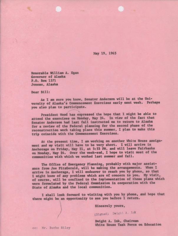 Dwight A. Ink letter to William A. Egan, May 19, 1965