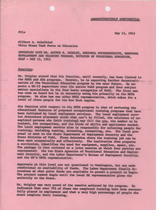 Gilbert A. Schulkind interview with Arthur B. Wrigley, May 15, 1965