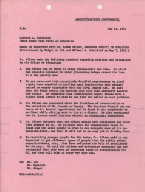 Gilbert A. Schulkind and Dwight A. Ink interview with Logan Wilson, May 15, 1965