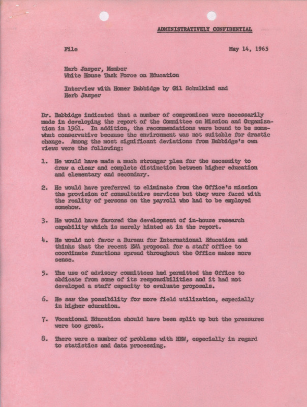 Herb Jasper and Gil Schulkind interview with Homer Babbidge, May 14, 1965