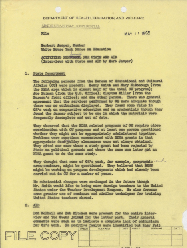 Herb Jasper interview with State and AID, May 11, 1965