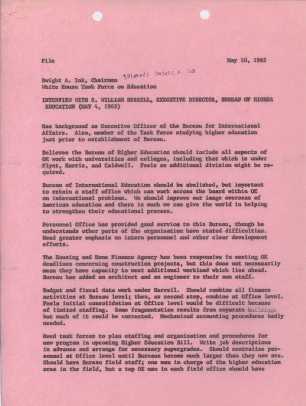 Dwight A. Ink interview with S. William Herrell, May 10, 1965