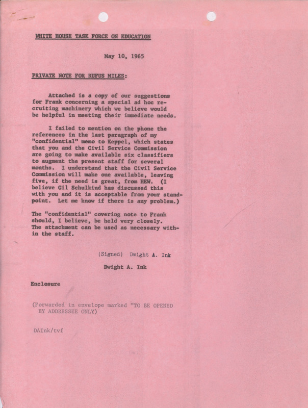 Dwight A. Ink note for Rufus Miles, May 10, 1965
