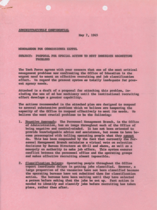 Dwight A. Ink memorandum to Commissioner Keppel, May 7, 1965