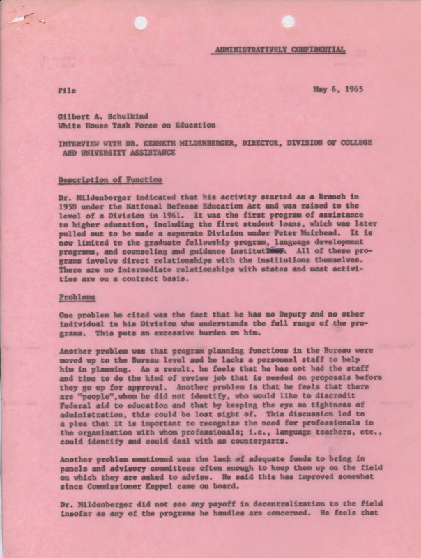 Gilbert A. Schulkind interview with Kenneth Mildenberger, May 6, 1965
