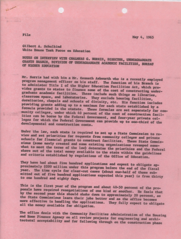 Gilbert A. Schulkind interview with Chalmers G. Norris, May 4, 1965