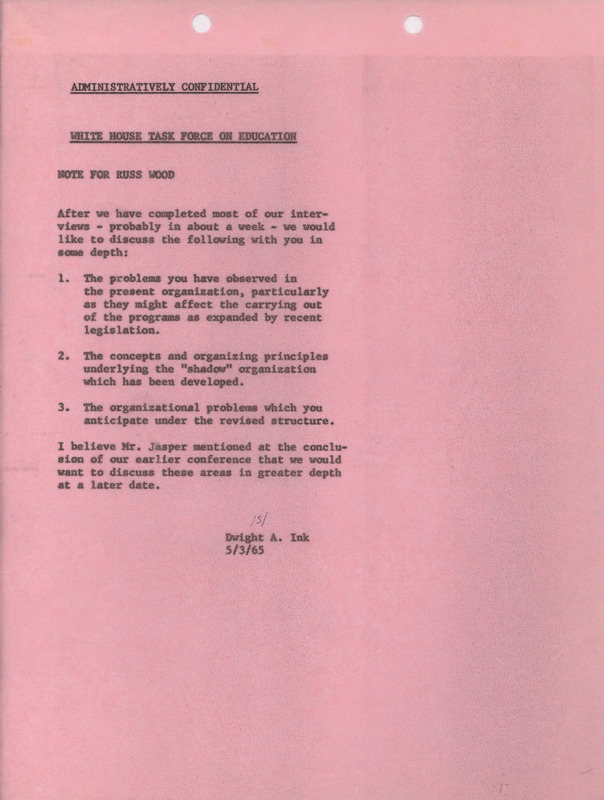 Dwight A. Ink note for Russ Wood, May 3, 1965