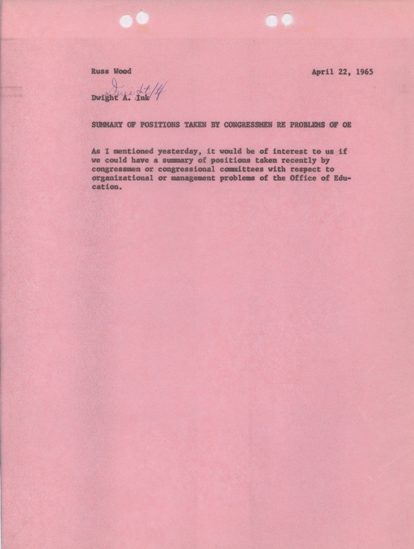 Dwight A. Ink note for Russ Wood, April 22, 1965