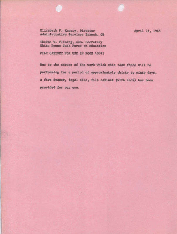 Note for Elizabeth F. Kavary and Thelma V. Fleming, April 21, 1965