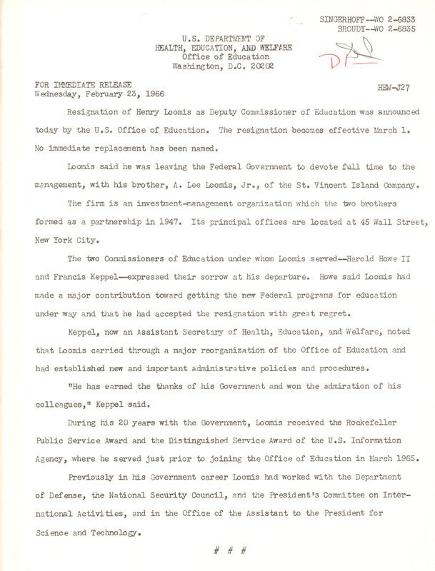 U.S Office of Education press release, February 23, 1966