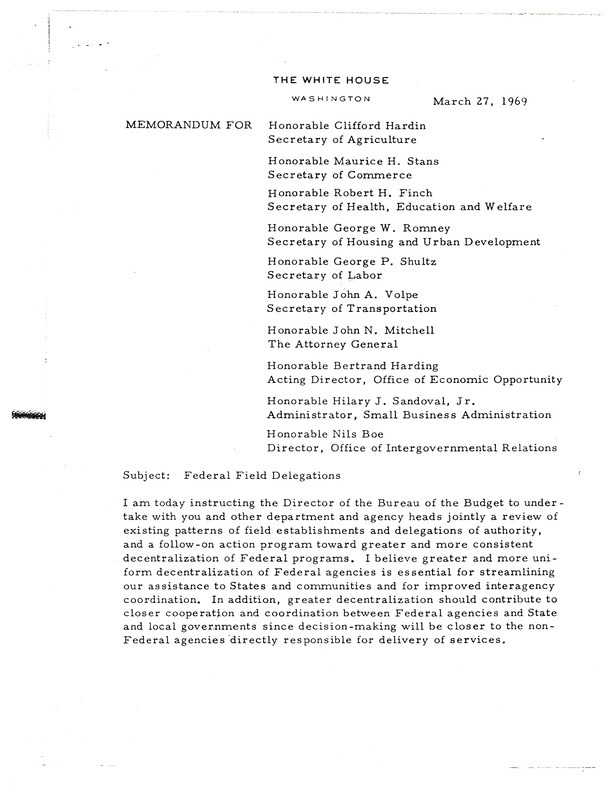 Richard Nixon memorandum regarding federal field delegations, March 27, 1969