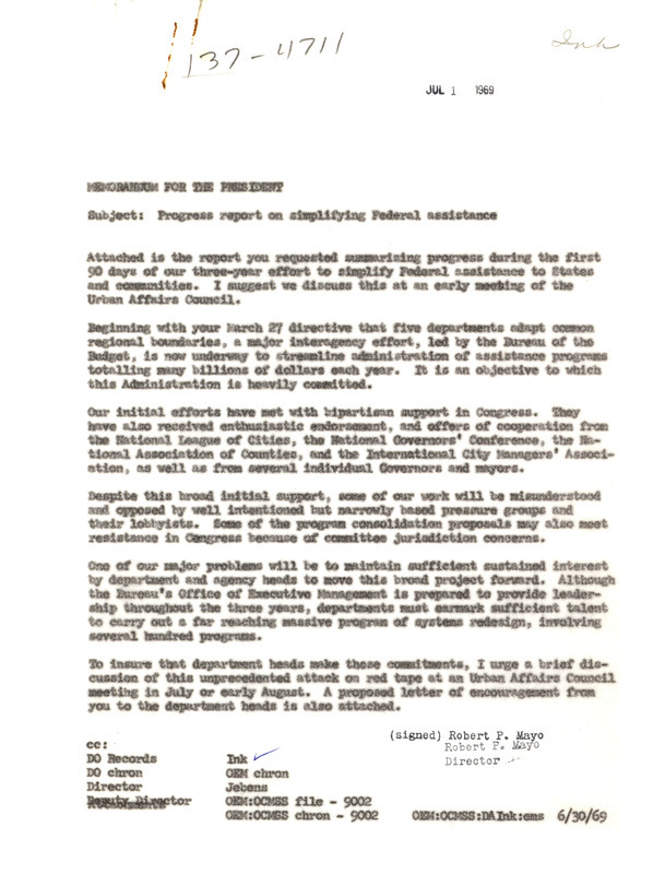 Robert P. Mayo memorandum to Richard Nixon regarding progress report on simplifying federal assistance, June 30, 1969