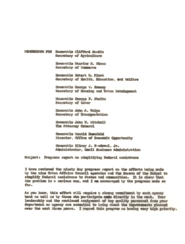 Robert P. Mayo memorandum regarding progress report on simplifying federal assistance, June 30, 1969