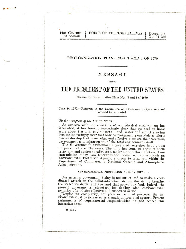 Message from the president of the United States relative to reorganization plans nos. 3 and 4 of 1970