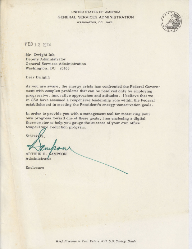 Arthur F. Sampson letter to Dwight Ink, February 12, 1974, includes digital thermometer
