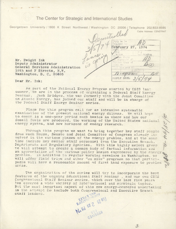 David M. Abshire letter to Dwight Ink, February 27, 1974, includes seminar description