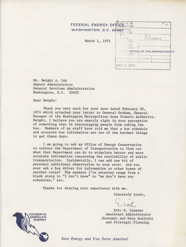 Eric R. Zausner letter to Dwight A. Ink, March 1, 1974