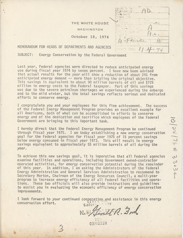 Gerald R. Ford memorandum to heads of departments and agencies, October 18, 1974