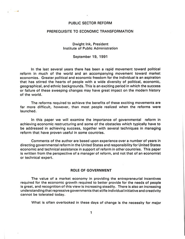 Public sector reform: prerequisite to economic transformation, September 19, 1991