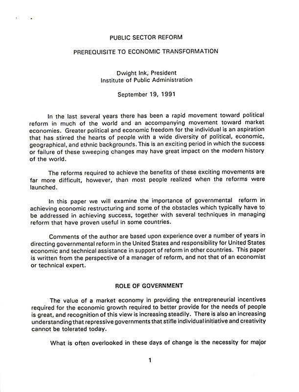 Public sector reform: prerequisite to economic transformation, September 19, 1991