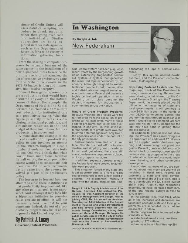 In Washington article: new federalism, November 1973