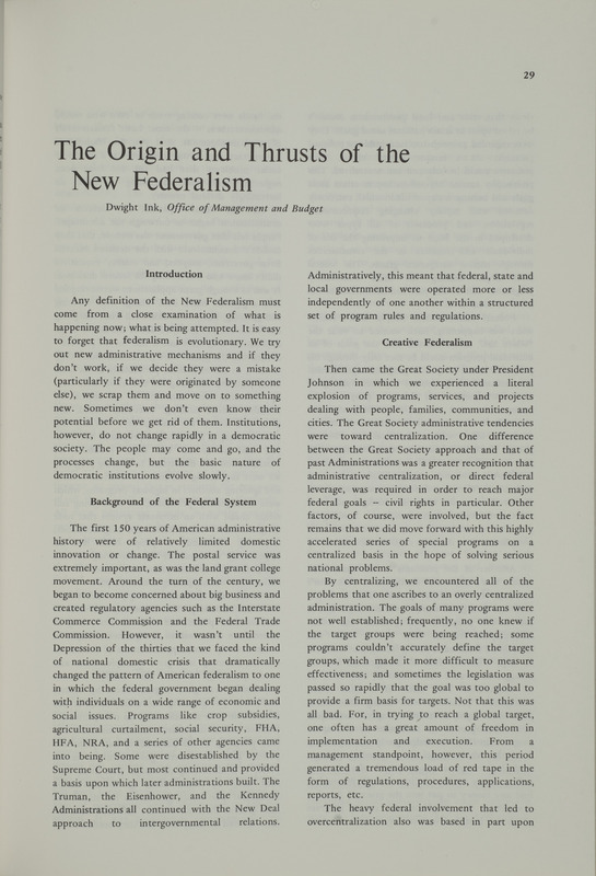 The origin and thrusts of the new federalism
