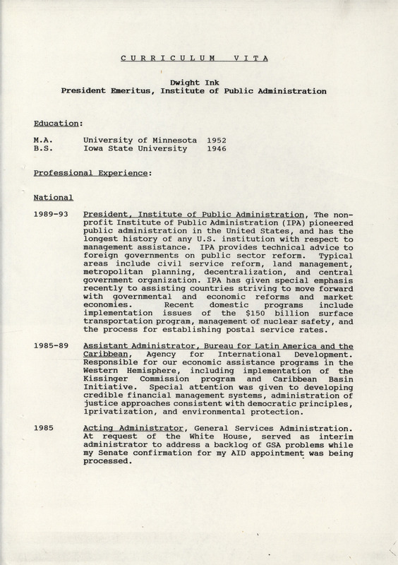 Curriculum vita of Dwight Ink