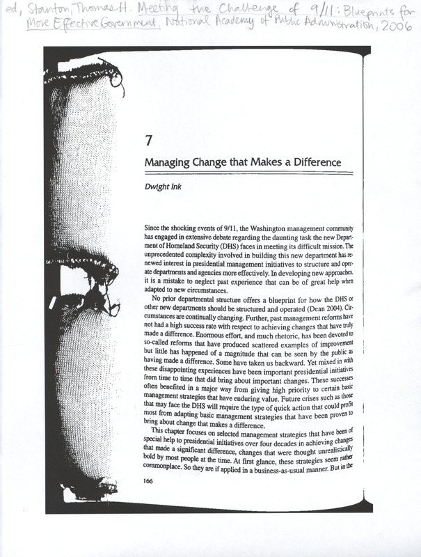 Annotation: ed., Stanton, Thomas H., Meeting the challenge of 9/11: Blueprints for more effective government, National Academy of Public Administration, 2006
