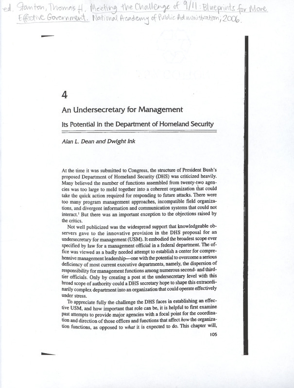 Annotation: ed., Stanton, Thomas H., Meeting the challenge of 9/11: Blueprints for more effective government, National academy of Public Administration, 2006