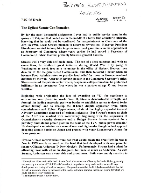 Annotation: "Bitter confirmation hearing, 1959. 7-07-05 Draft"