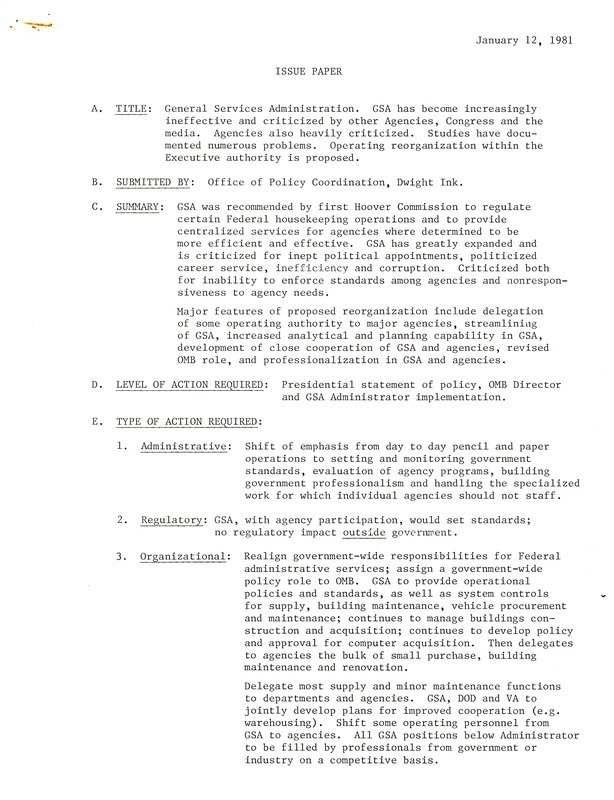 Issue paper on general services administration, January 12, 1981