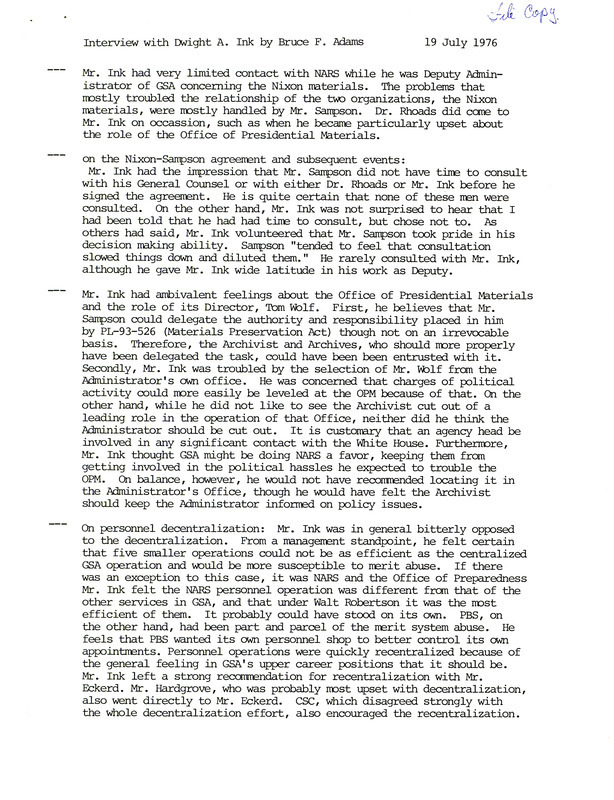 Bruce F. Adams interview with Dwight A. Ink, July 19, 1976