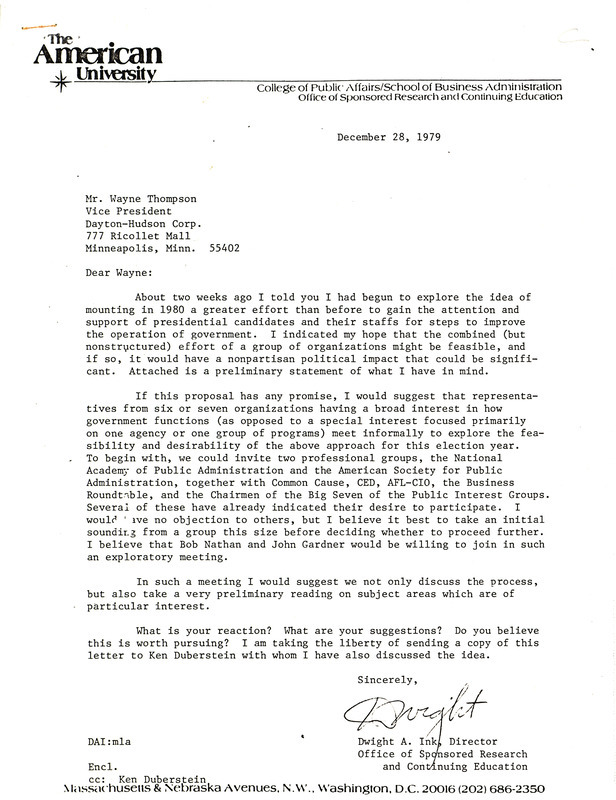 Dwight A. Ink letter to Wayne Thompson regarding Ink's enclosed proposal for improving government, December 28, 1979