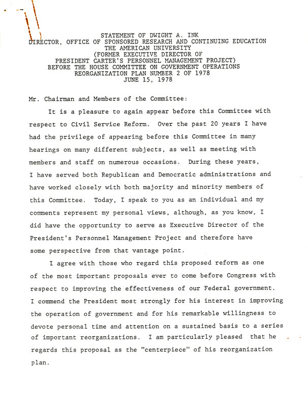 Statement of Dwight A. Ink on Government Operations--Reorganization plan number 2 of 1978, June 15, 1978