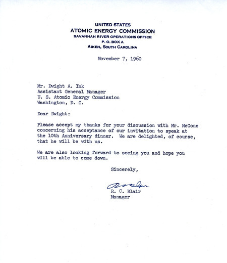 R.C. Blair letter to Dwight Ink, November 7, 1960