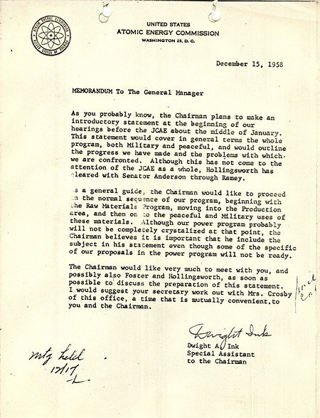 Dwight Ink memorandum to the general manager, December 15, 1958
