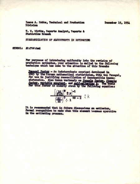 Annotation: Memorandum by Isaac A. Hobbs, Technical and Production Division, and T. W. Wirths, Reports Analyst, Reports & Statistics Branch.
