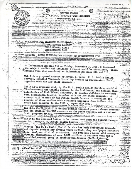 Annotation: The subject is "USPHS [United States Public Health Service] Epidemiology Studies in Southern Utah."