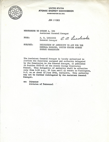 Annotation: The subject is "Delegation of Authority to Act for the General Manager, United States Atomic Energy Commission."