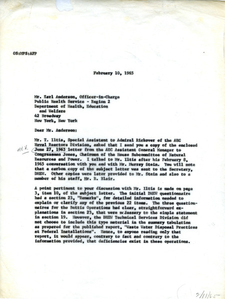 Alex F. Perge letter to Earl Anderson, February 10, 1965