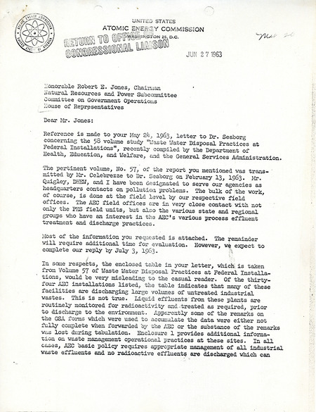 Annotation: The letter refers to a 58-volume study, "Waste Water Disposal Practices at Federal Installations," compiled by the Department of Health, Education, and Welfare, and the General Services Administration." The letter includes a 6-page enclosure regarding volume 57 that focuses on possible untreated industrial waste being discharged into the environment.