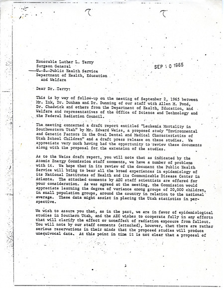 Annotation: This letter has two attachments containing Atomic Energy Commission staff comments on two reports about health effects of environmental radiation effects on Utah school-age children.