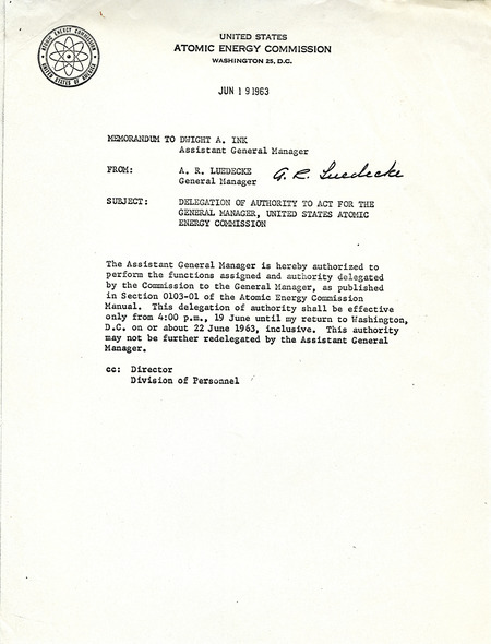 Annotation: The subject is "Delegation of Authority to Act for the General Manager, Atomic Energy Commission."
