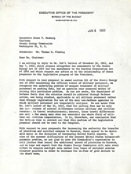 Annotation: The letter is written to the "Honorable Glenn T. Seaborg, Chairman of the Atomic Energy Commission" and has "Attention: Mr. Thomas O. Fleming" before the salutation.